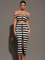 Women Summer Sexy Off Shoulder Striped Button Two Piece Mini Bandage Set 2024 Celebrity Designer Evening Party Women's Set 1