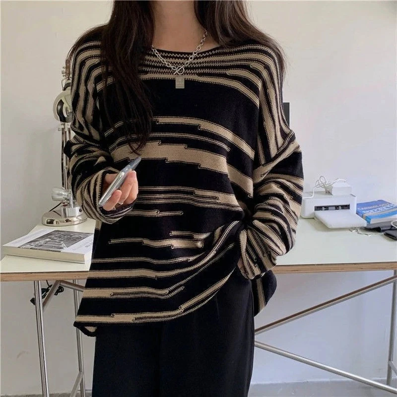 Suéteres de rayas retro para mujer, jerséis de punto de retazos sueltos, ropa de calle vintage, punk, gótico, jersey de manga larga de gran tamaño