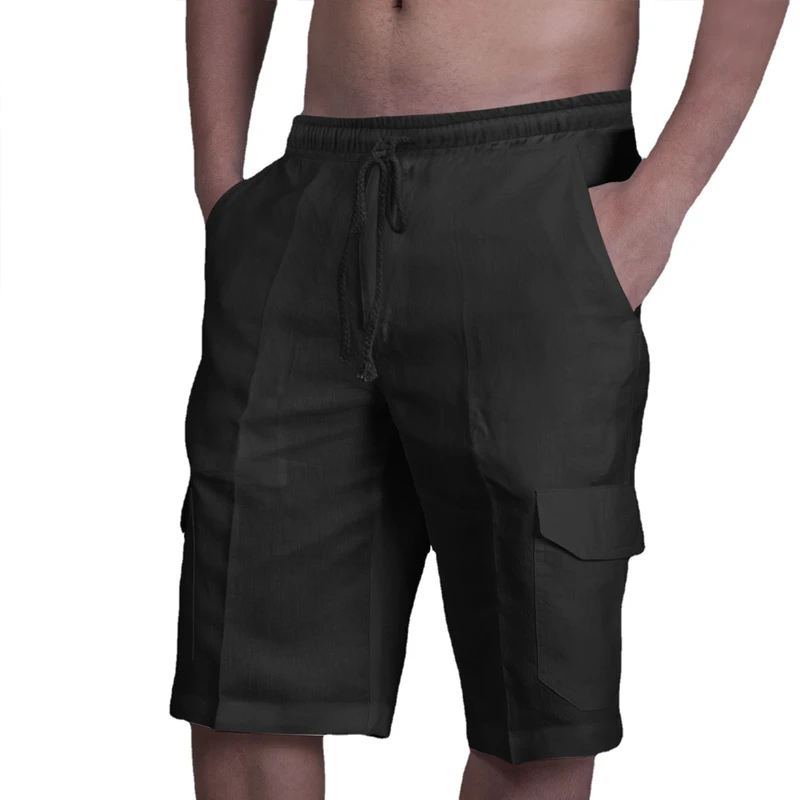 Summer New Solid Color Fashion Shorts Man High Street Elastic Waist Drawstring Pockets Fiberflax All-match Knee Length Pants