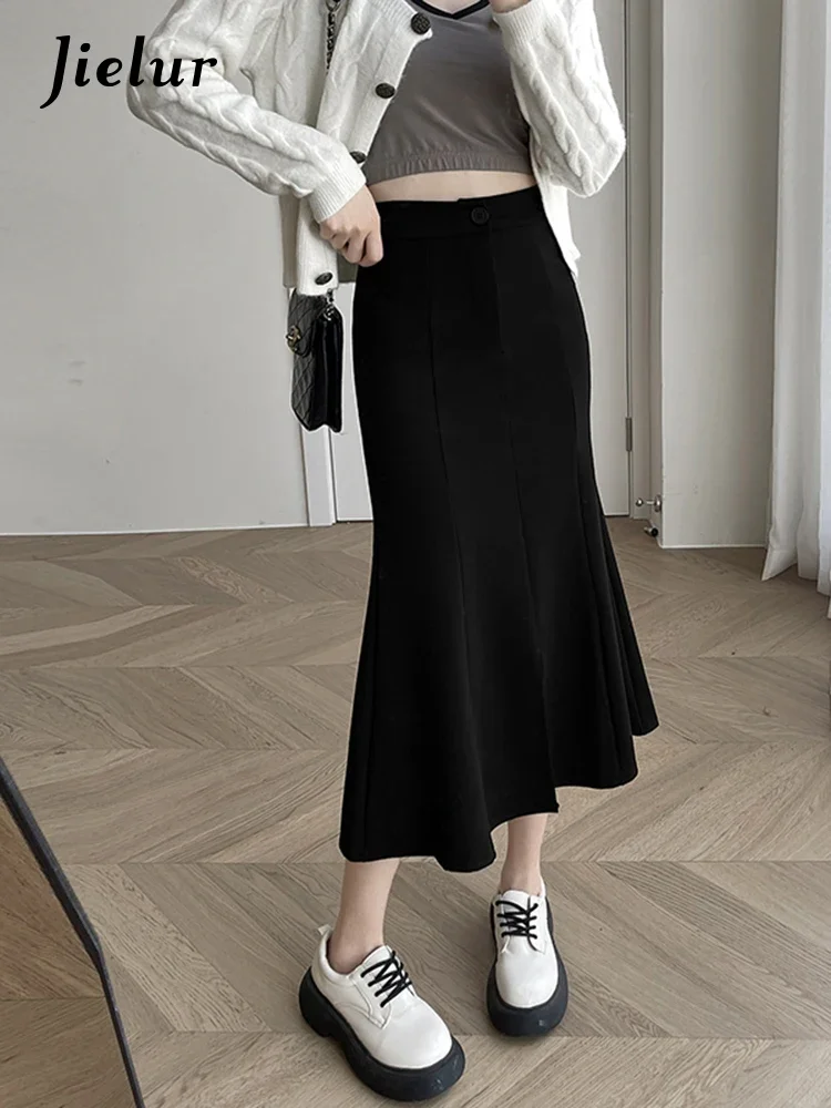 Jielur Autumn New High Waist Skirt Women Korean Fashion Split Mid-length Skirts Retro Black Skirt Elegant Lady Pure Color S-XL