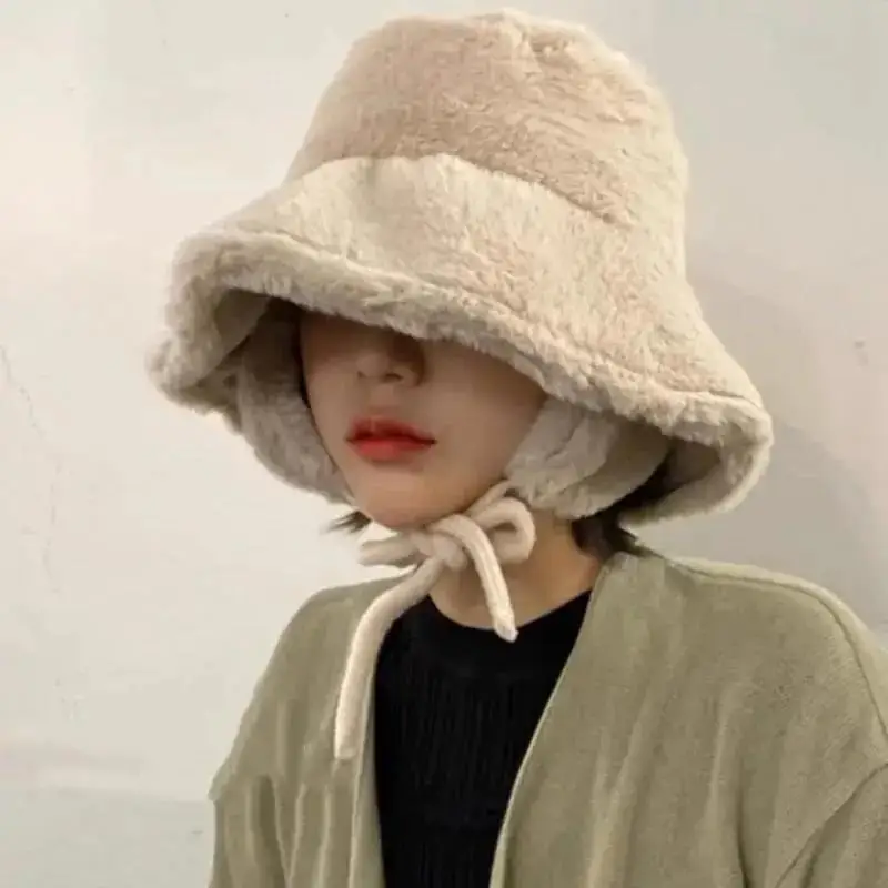 

Korean New Ear Protection Bucket Hats for Women Autumn and Winter Travel Versatile Warm Retro Solid Color Plush Men's Caps