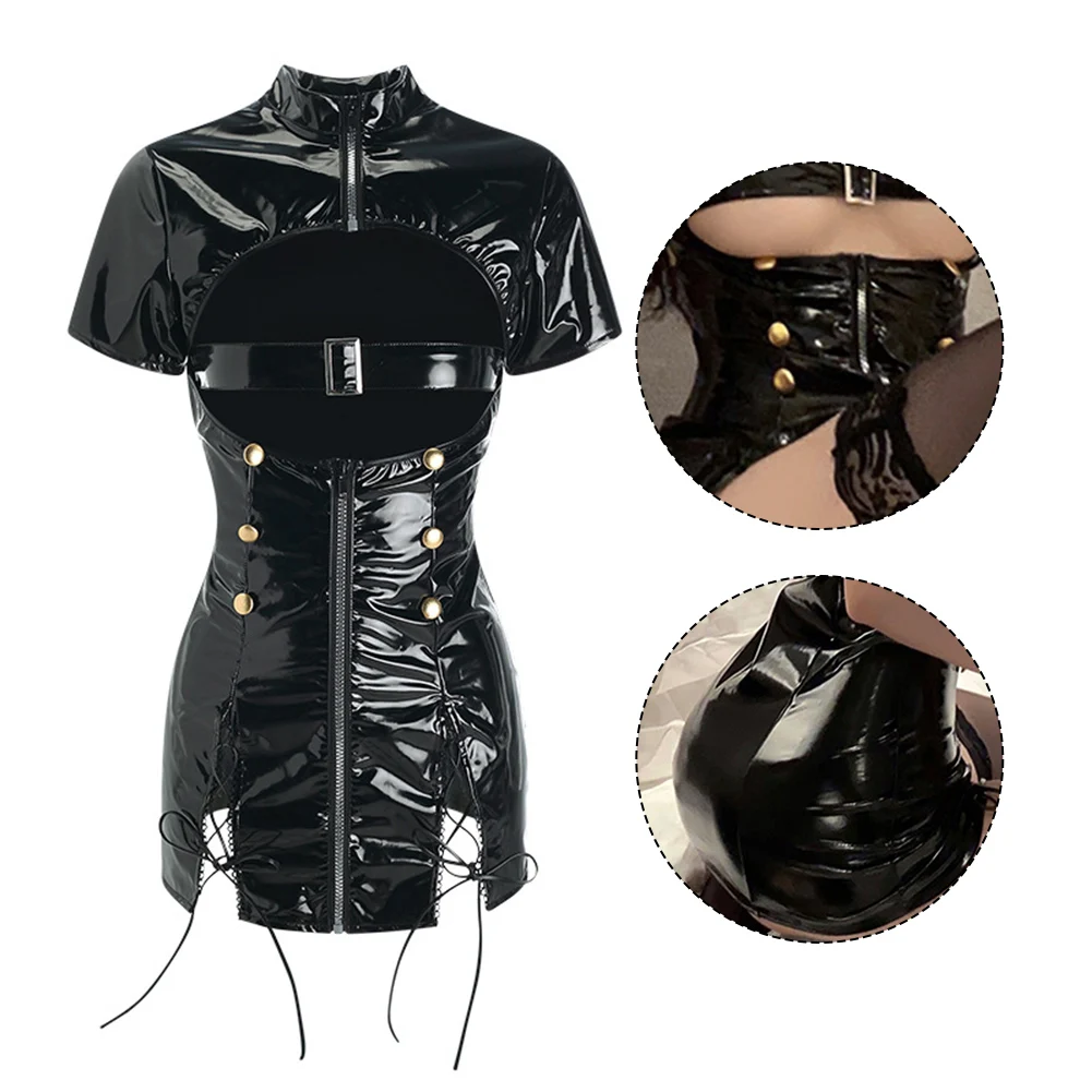 

Women Black Patent Leather Nightdress Sexy Openwork Breast Leakage Bodycon Short Dress Zip-up Tight Nightgown Erotic Lingerie
