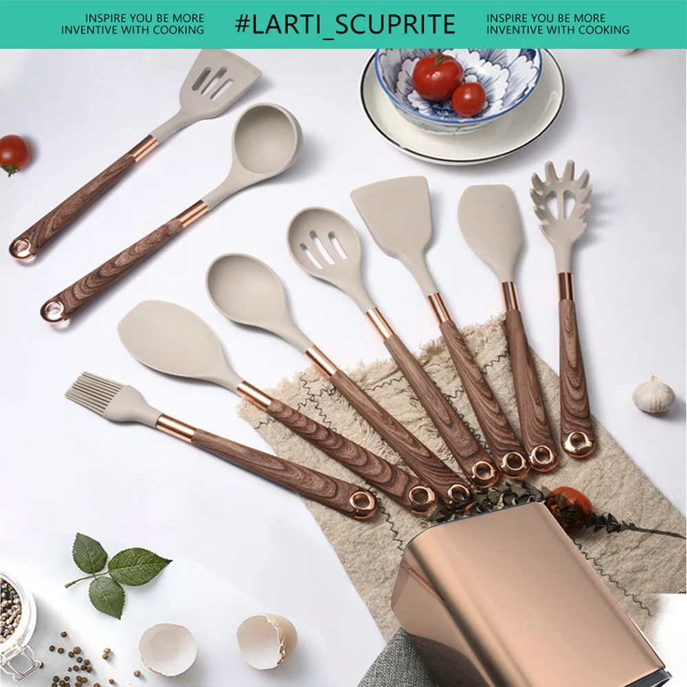 5-10 Pcs Silicone Cooking Utensil Set Mixing Slotted Serving Spatula Nonstick Heat Resistant Kitchen Bake Stir Draining Spoons kitchen utensils