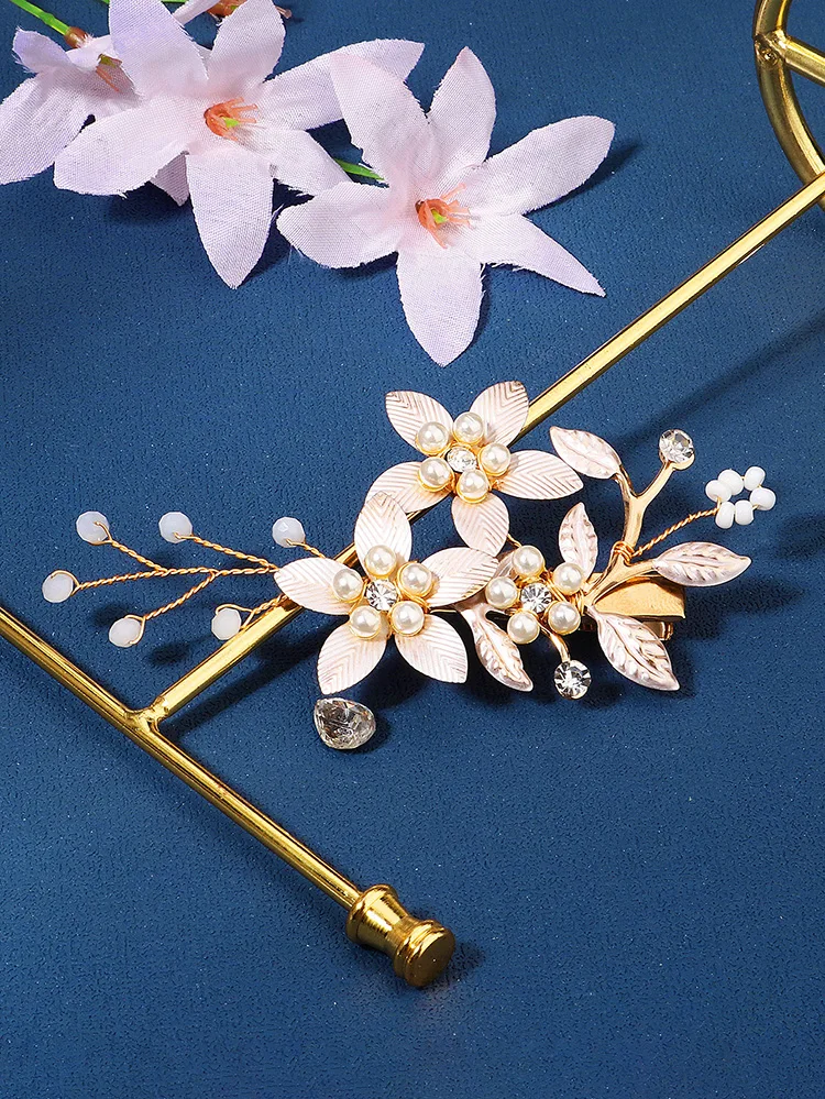 Handgemachte Perle Blume Haars pangen für Frauen Haarnadeln Braut Hochzeit Haarschmuck Kristall Gold Farbe Braut Kopf bedeckung Geschenk – Detail 5