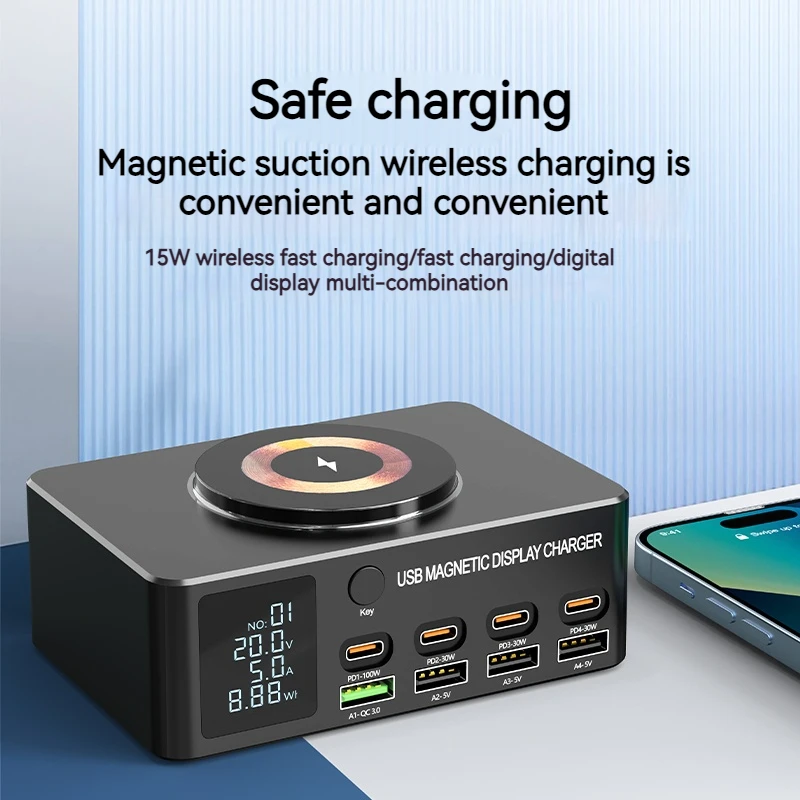 멀티 포트 고속 충전기 스테이션 PD 100W 무선 충전 QC 3.0 디지털 디스플레이, 노트북 아이폰 삼성 맥북 프로용, 140W
