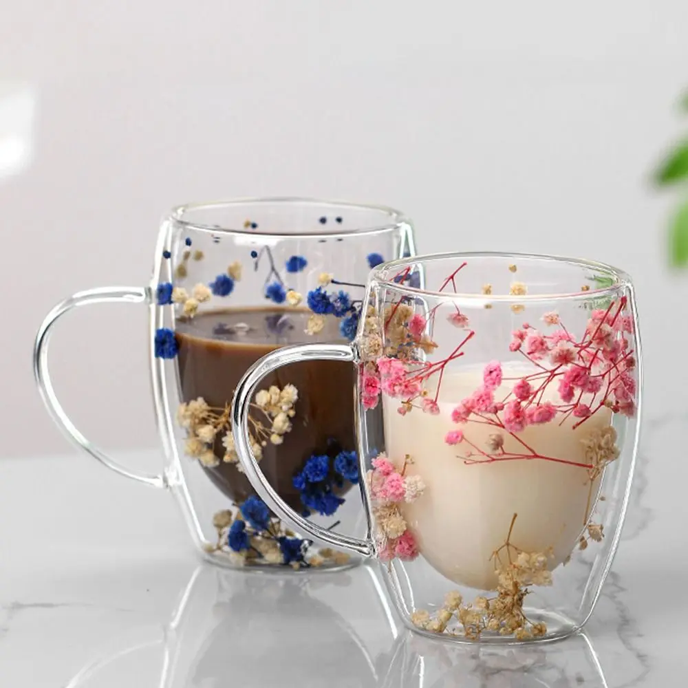 Elegant Full Sky Star Double Layer Glass Cup with Handle 350ml Dried Flowers Glass Mugs Heat Resistant  Coffee Mug Flower Cup