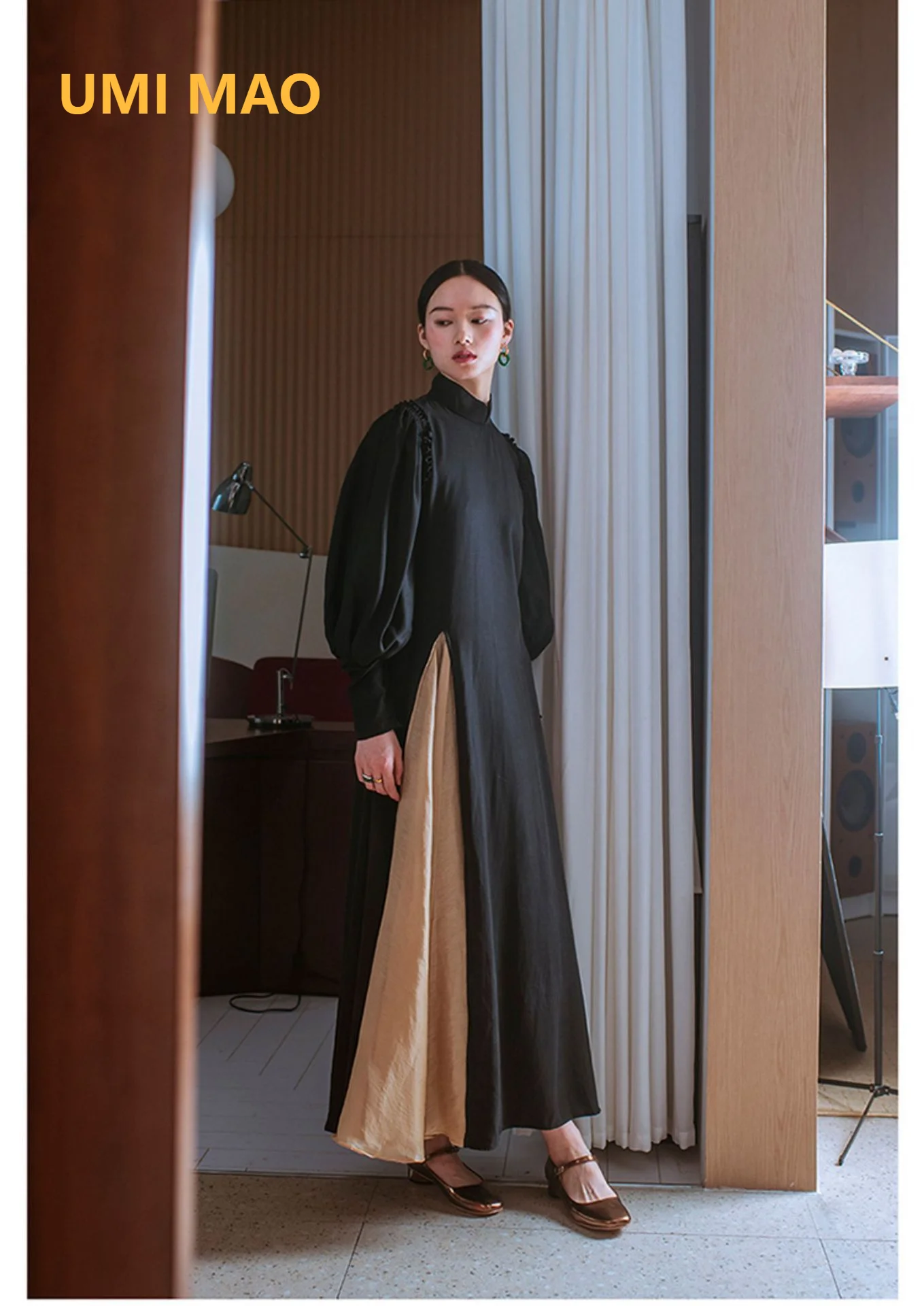 

UMI MAO Women's Clothing Autumn Dresses With Bubble Sleeves Improved Qipao Chinese Style Holiday Black Dress Elegant