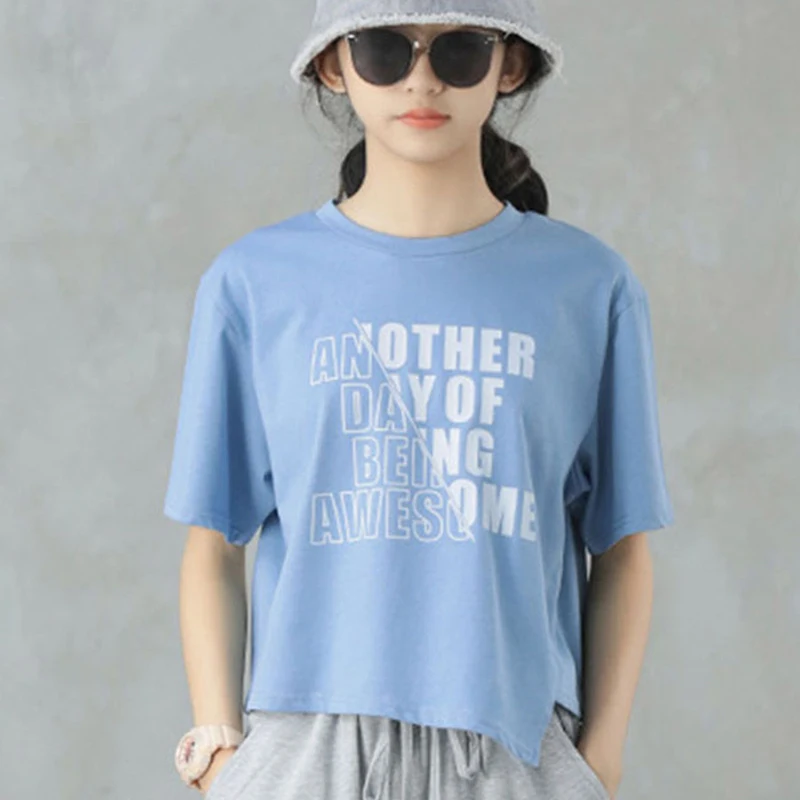 

Girls Cotton Short-sleeve Cropped T-shirt Summer Alphabet Graphic Print Irregular Hem Casual Tee Children Teen Top 7-14 Years