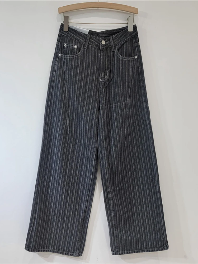 DEAT Women's Jeans High Waist Washed Striped Loose Straight Wide Leg Vintage Causal Denim Pants 2025 Spring New Fashion 29L8450 2