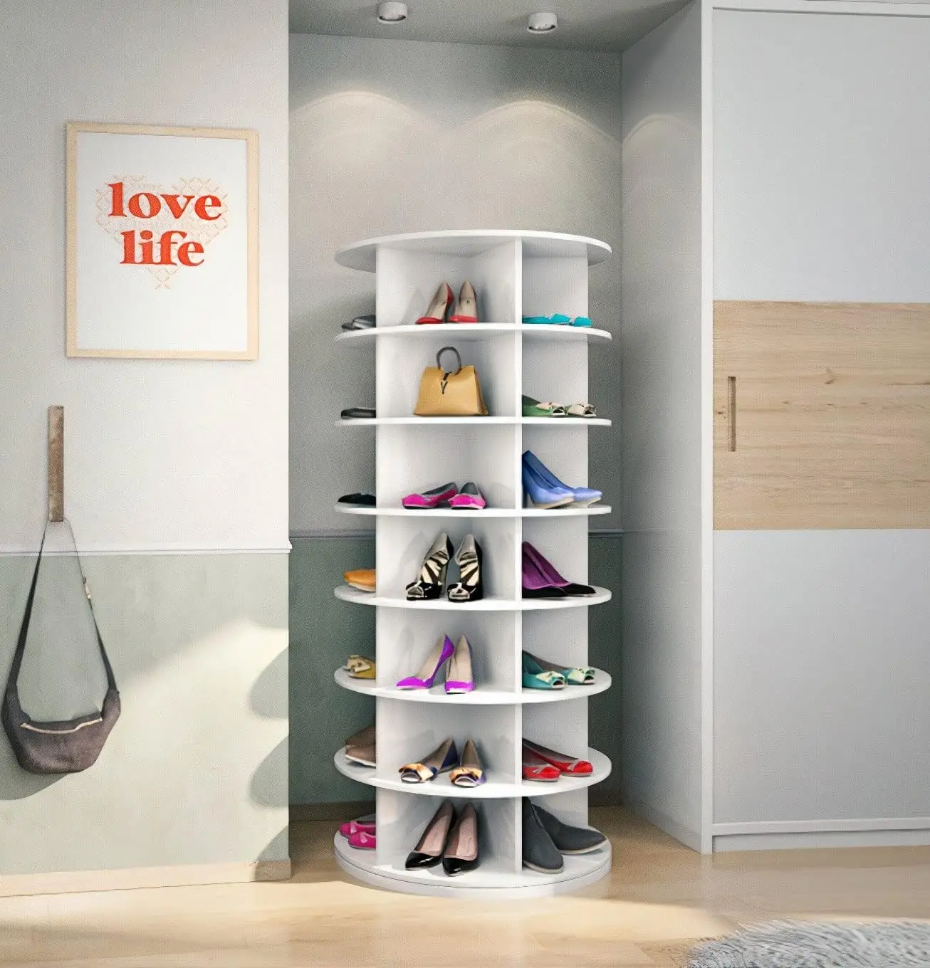 Smart Intelligent Hallway Full Height 360 Degree Rotating Rotary DIY Wood Shoe Rack Cabinet Rotating With Mirror Door