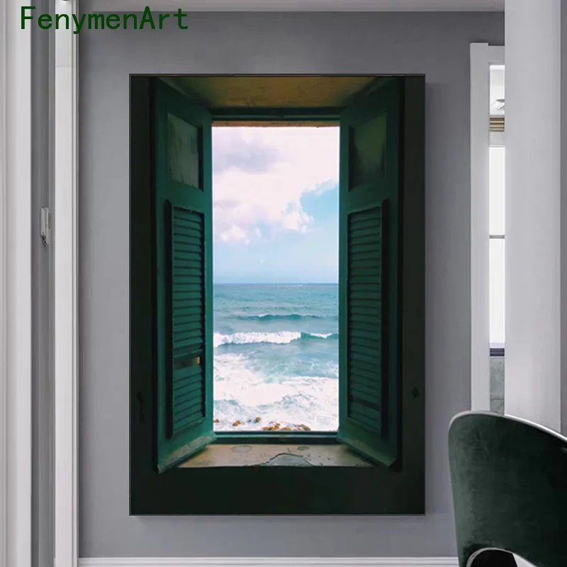 Nordic Window Outside Landscape Canvas Painting Wall Art Starry Wall Posters for Living Room Home Decor Modern Art Print Picture
