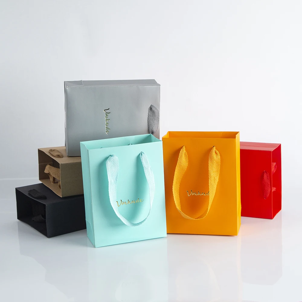 Paper Bags with Handles 24Pcs Gift Bags 12x6x16cm Custom Logo Film Bright Kraft Cardboard Birthday Party Favors Goody Tote Bags