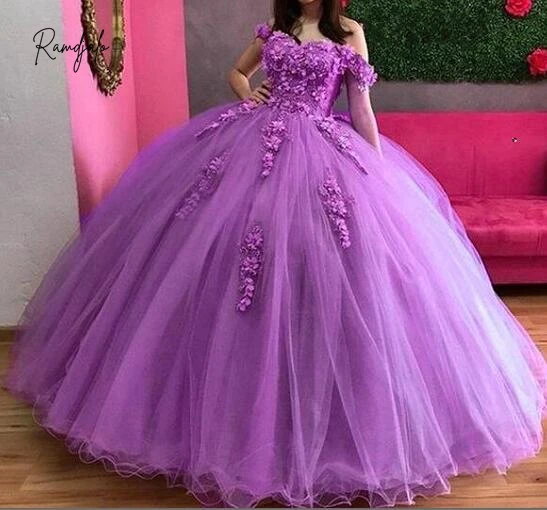 

Бальное платье принцессы, платья для Quinceanera 2024, милое Лавандовое платье 16 дюймов с открытыми плечами и 3D розовыми цветами, свадебные платья 15