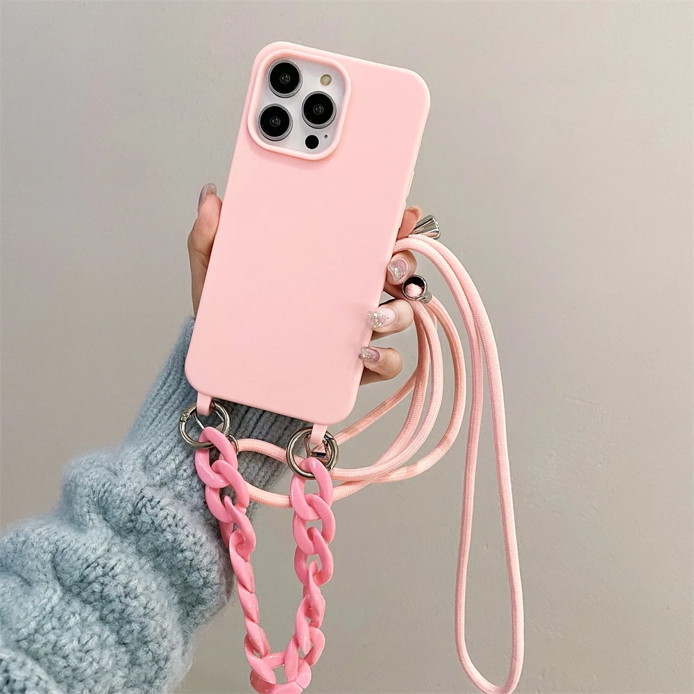 Luxury Crossbody Lanyard Rope Strap Phone Case with Acrylic Chain and Silicone Soft Cover