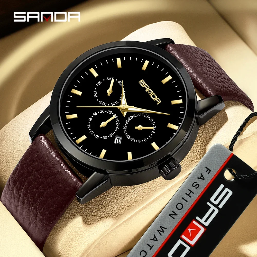 

SANDA Brand Watch Men's Quartz Electronic Watch Fashionable Three Eyes and Six Needles Simplified Calendar Net Band Men's Watch