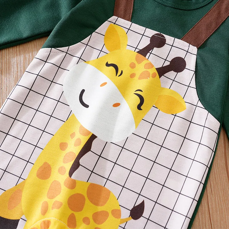 Spring And Autumn Baby Rompers Boys And Girls Cute Cartoon Giraffe Printed False Strap Long Sleeve Bodysuit baby rompers,baby jumpsuit,baby clothing,cotton onesies