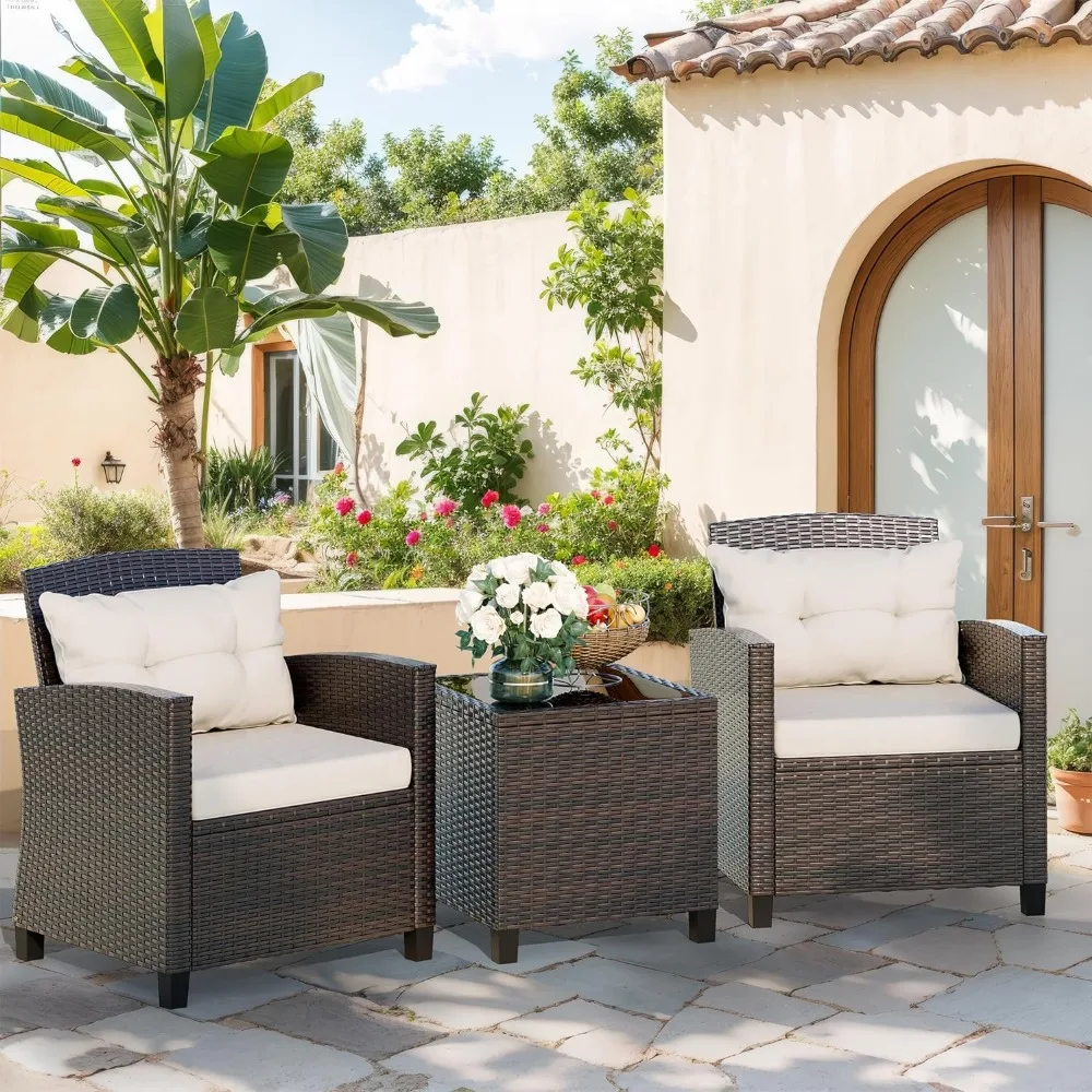 

3 Piece Patio Furniture Set Small Outdoor Wicker Rattan Front Porch Bistro Set Cushioned Chairs Conversation Poolside (Beige)