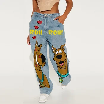 Y2k American Retro Fashion Women High Waist Cartoon Printed Jeans High Street Design Slim Casual Straight Wide-Leg Jeans 1