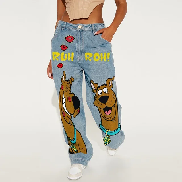 Y2k American Retro Fashion Women High Waist Cartoon Printed Jeans High Street Design Slim Casual Straight Wide-Leg Jeans