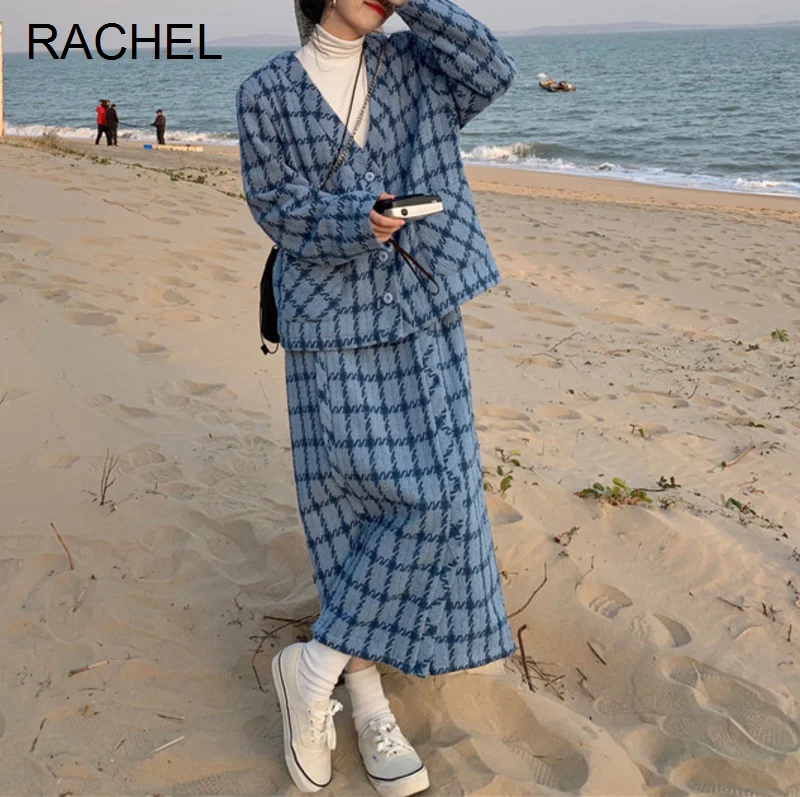 Salt Suit Autumn Winter Plaid Wool Coat High Waist Skirt Two Piece Set Women's Fashion Rac |