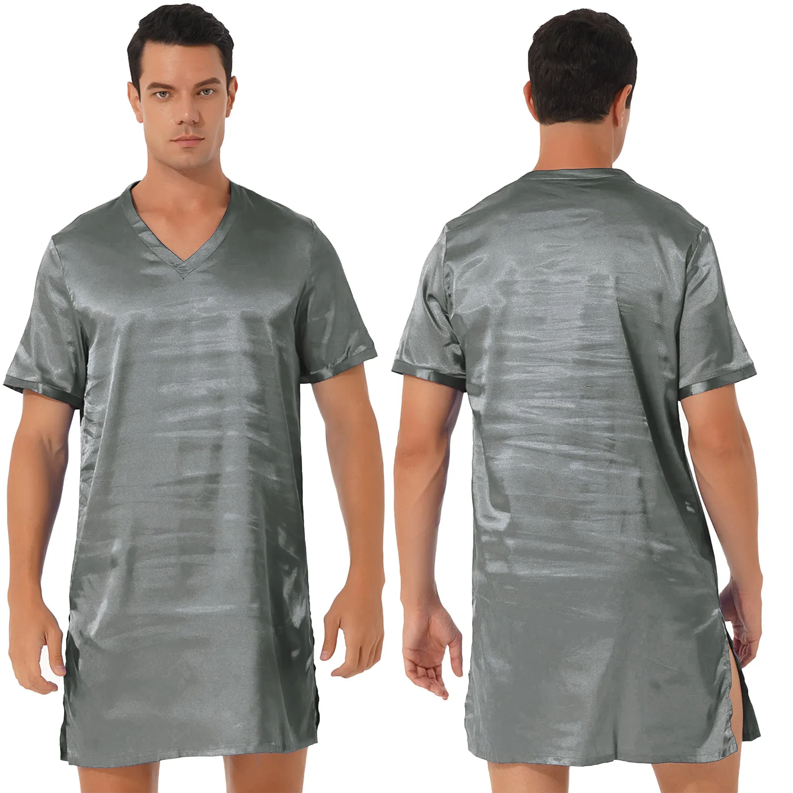 Men Women Satin Pajamas Nightgown V Neck Short Sleeve Bathrobe Sleepwear Pijama Nightclothes Homewear Sides Split Nightwear men casual short sleeve nightshirt v neck soft loose nightwear comfortable male nightgown sleepwear stripe homewear sleepshirts