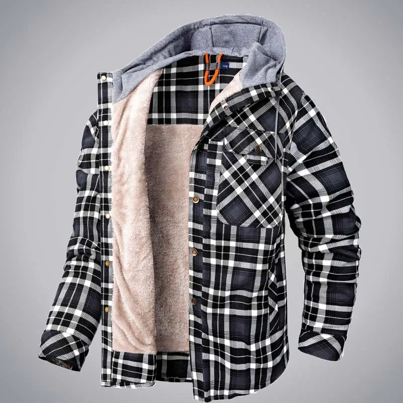 

Winter Parkas Men Warm Plaid Shirt Cotton Hooded Jacket Plus Velvet Fleece Thickening Casual Loose Plush Liner Streetwear Coat