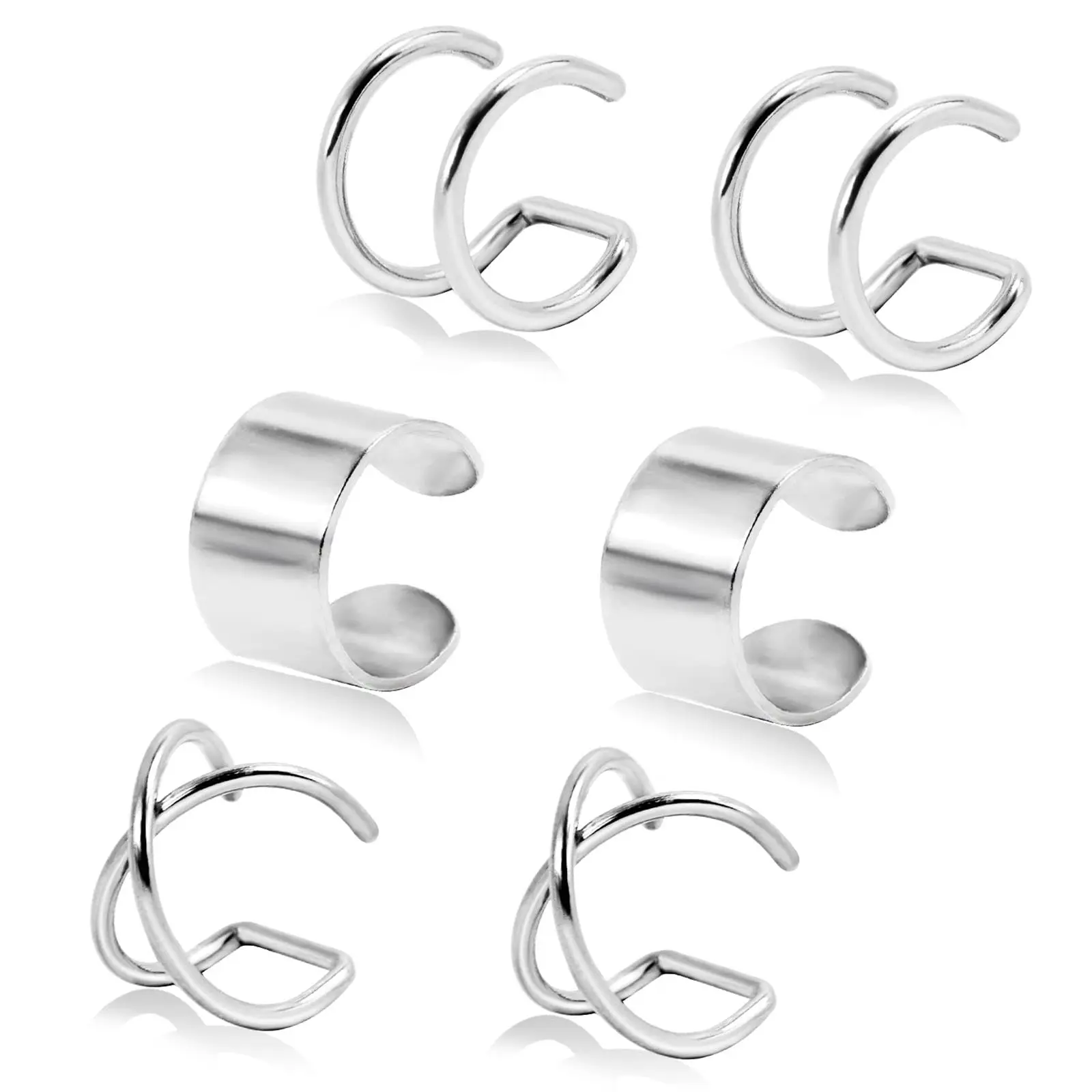 Ear Clip Earrings 6pcs Stainless Steel Double Lines Non Piercing Fake Helix Cartilage Huggie Cross Cuff
