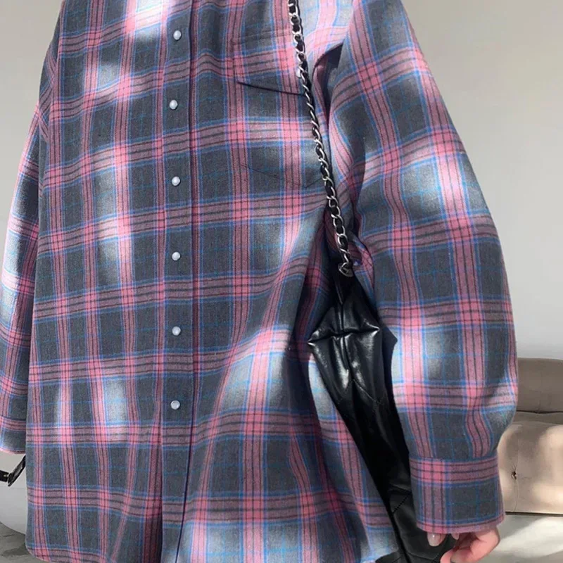 Oversized Plaid Shirt Autumn Winter Women Vintage Long Sleeve Fashion Loose Lapel Pocket Shirt Fit Blouse Korean Style 3