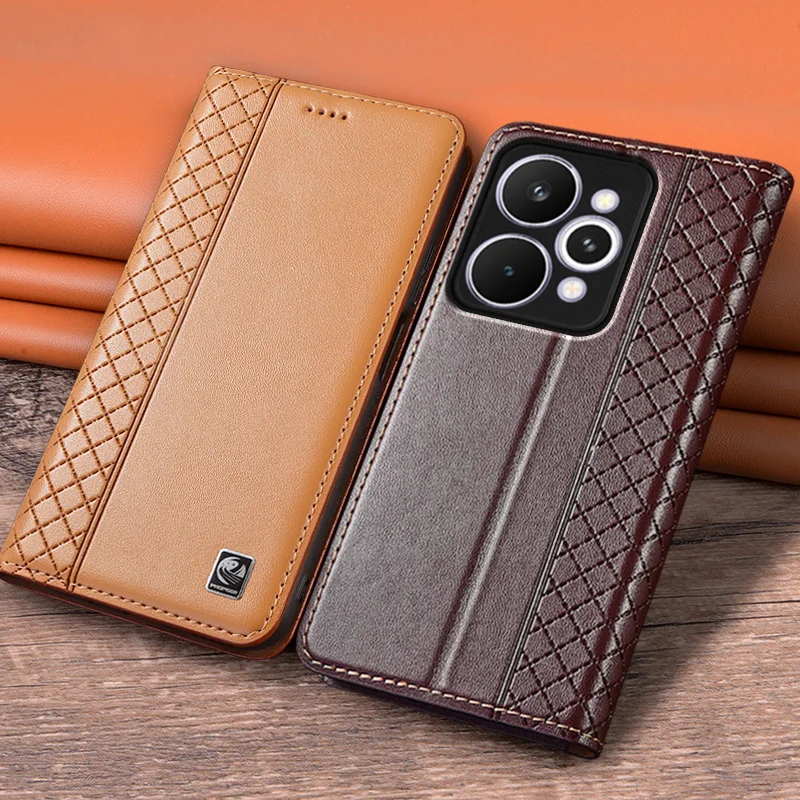 Genuine Leather Magnetic Flip Case with Grid Pattern and Card Pocket Wallet