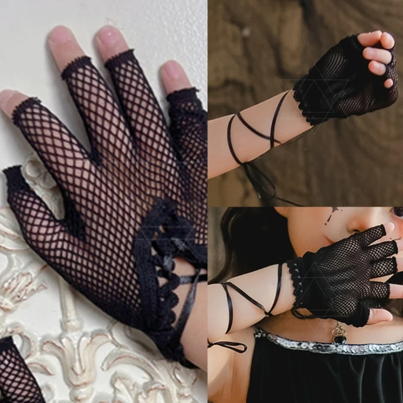 

Sexy Elastic Mesh Gloves with Black Bandage Rope Carnival Stage Performances Hollow out Fishnet Punk Hiphop Women Gloves