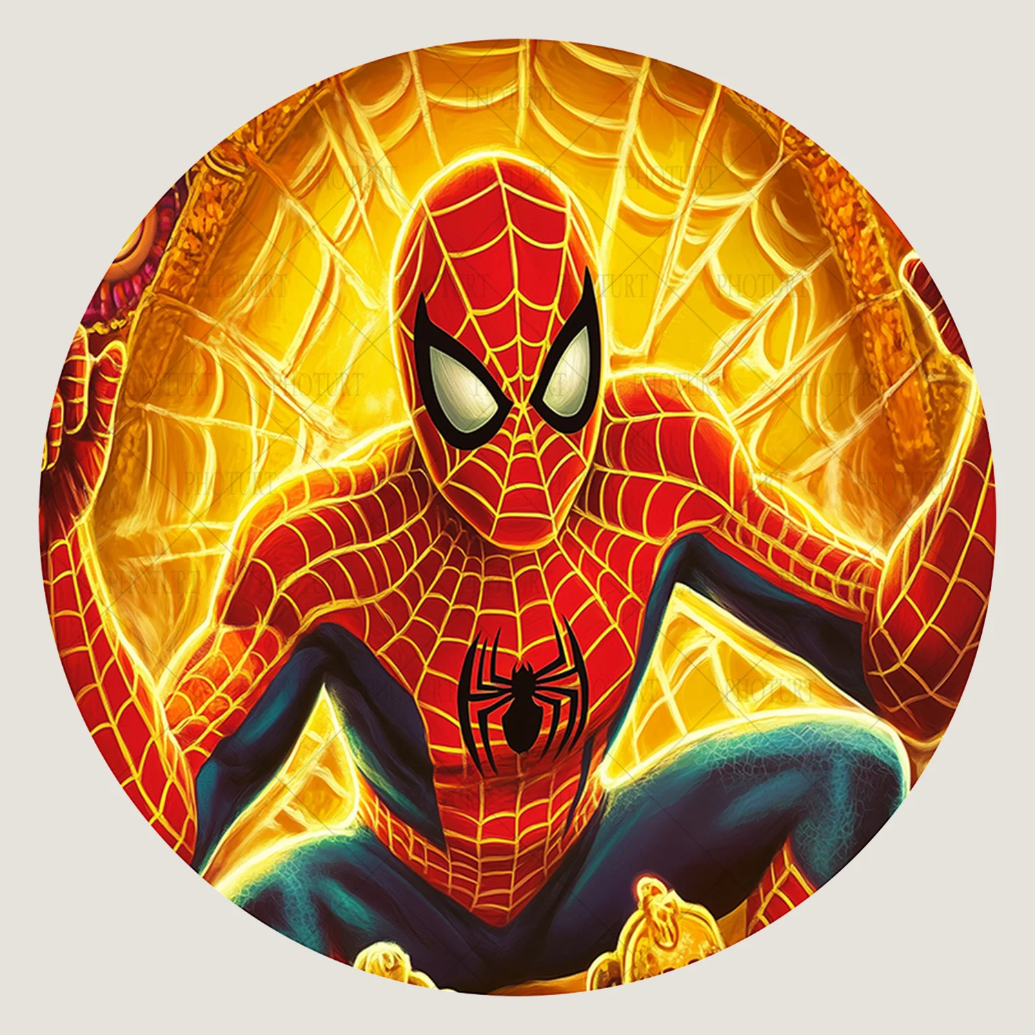Décoration Fond Photo Rond Spiderman - Pour Fête D'anniversaire Enfants, Thème Super-héros, Polyester, Multicolore