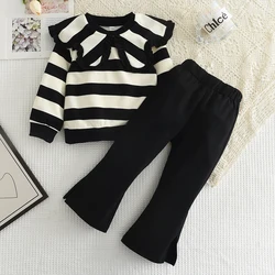 Menoea Girls' Long sleeved Set 2023 Autumn New Girls' Large Polo Neck Pleated Stripe Top+Flare Pants Two Piece Girls' Set