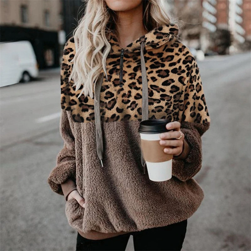 Fall Hoodies Women Leopard Print Zipper Pocket Blouse Stitching Sleeve
