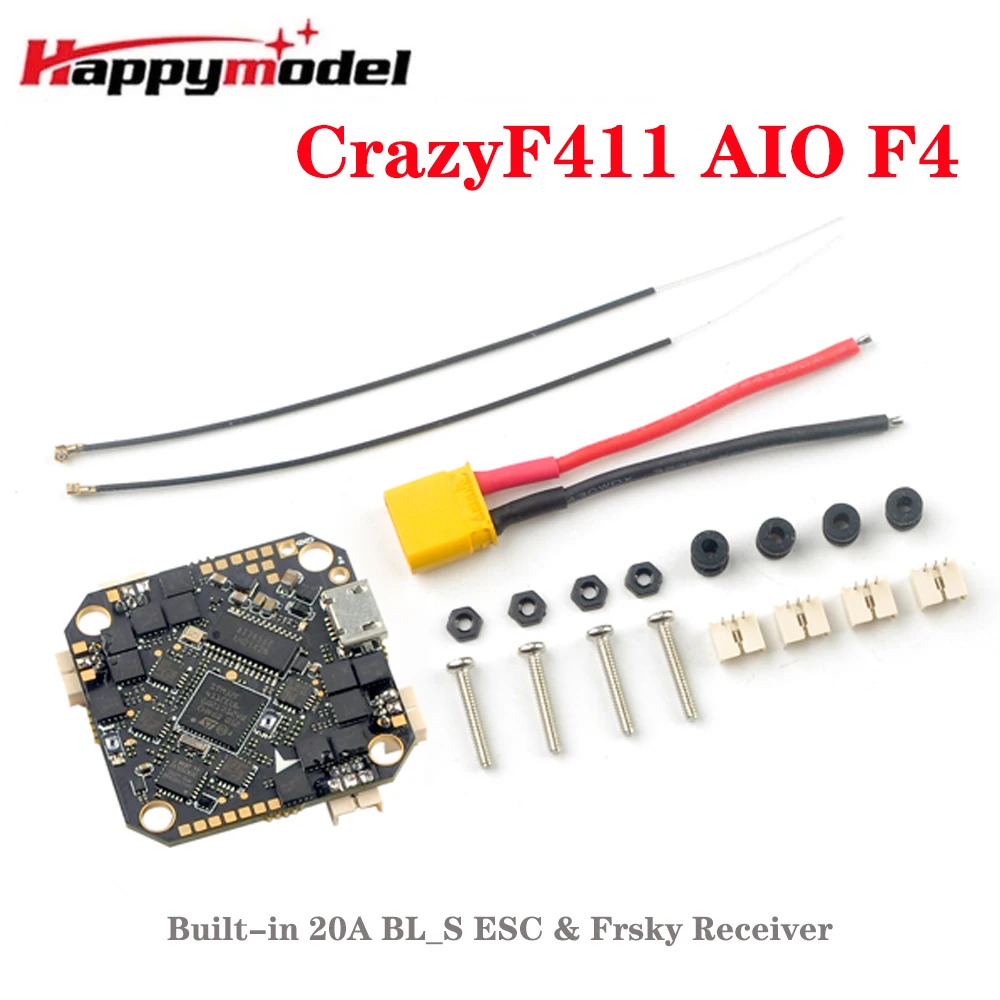

Happymodel CrazyF411 AIO F4 2-4S Flight Controller Built-in 20A BL_S ESC & Frsky Receiver 2-4S for Toothpick RC FPV Racing Drone
