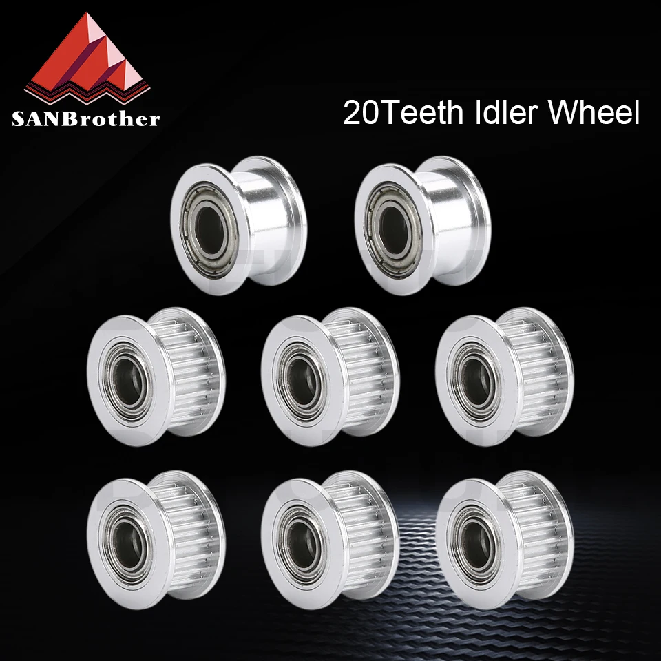 1Set 3D Printers Parts GT2 Idler Kit Aluminium Timing Pulley 20 Tooth Wheel Bore 5mm For 2GT Gates Timing Belt 6MM
