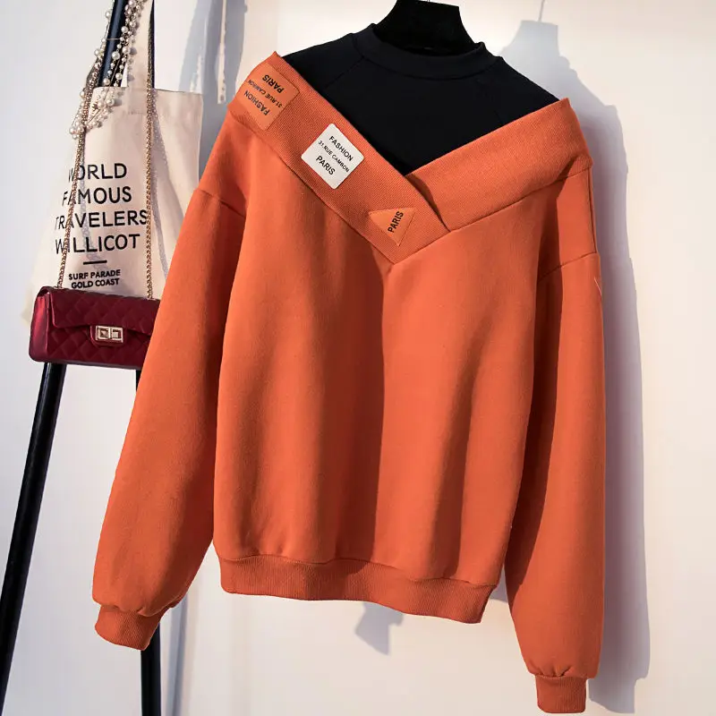 Fashion Casual Fake Two Pieces Contrast Color Pullovers Autumn Women's Korean Turtleneck Spliced Sweatshirts Female Clothing