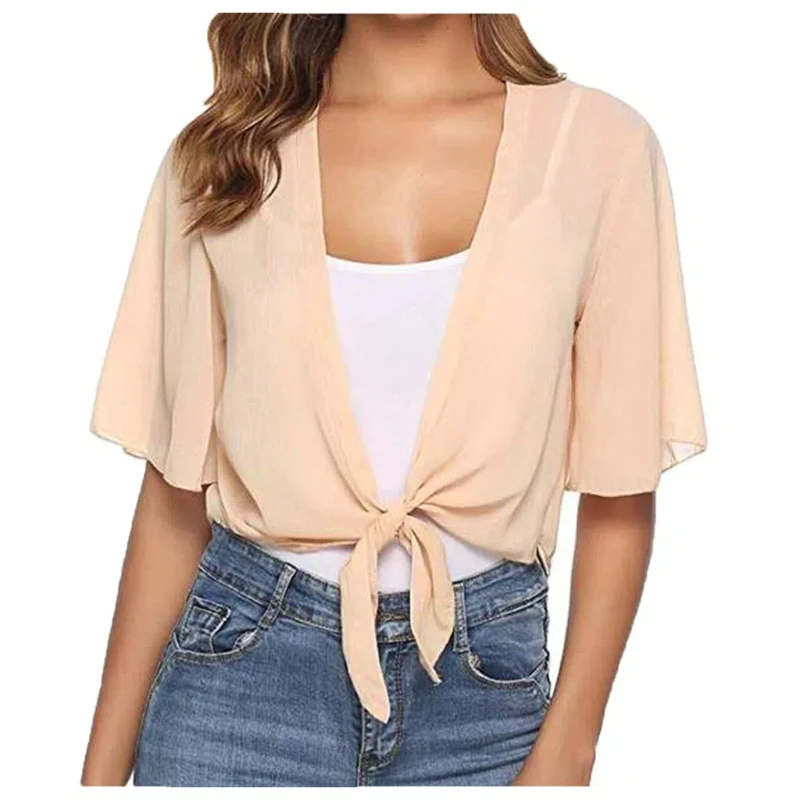 Women's Spring and Summer Chiffon Cardigan Lady's Lace up Solid Color Short-sleeved Shirt Casual Top 311