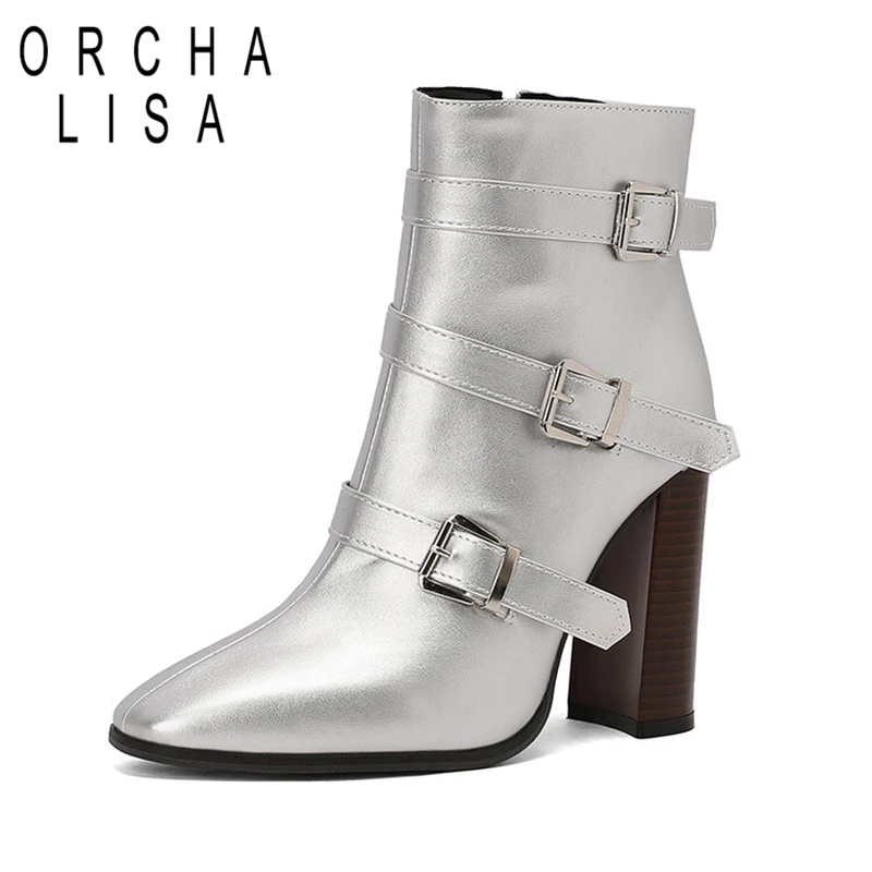 

ORCHALISA Women Fashion Pointed Toe Ankle Boots 10cm Block Heels Zip Leather Big Size US17 45 48 50 Black Red Brown Silver Party