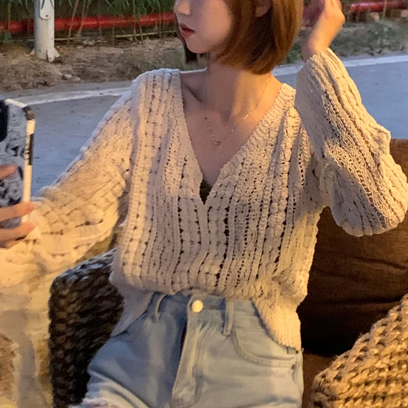 

Spring and autumn crochet women's linen cotton day-to-day commuting leisure long-sleeved hollow knitting clothes