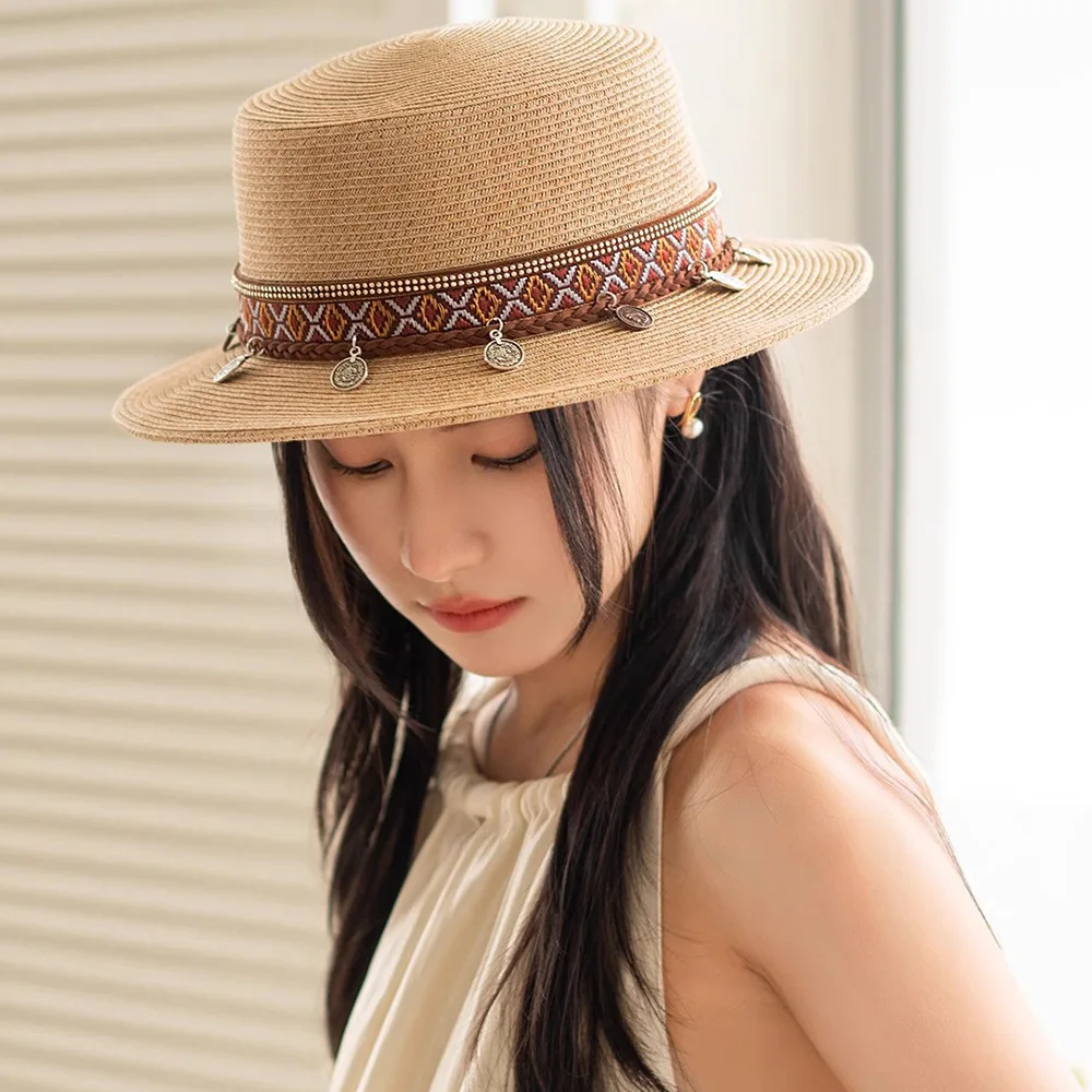 

Designer fine grass encrypted straw hat women's seaside resort ethnic style sun hat travel breathable top hat sunscreen sunshade