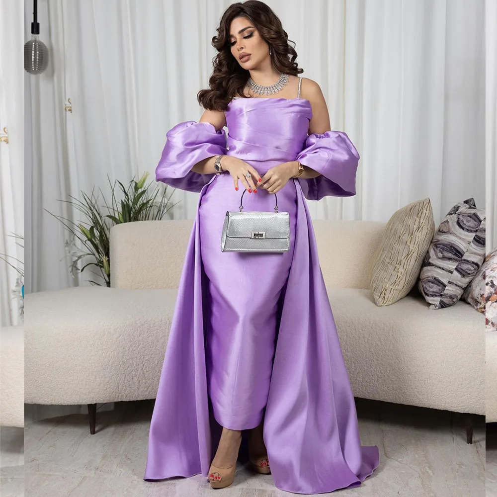 

Spaghetti Strap Prom Dresses Simple Ankle-Length Straight Evening Gown Detachable Sleeves Modern Party فساتين مناسبة رسمية