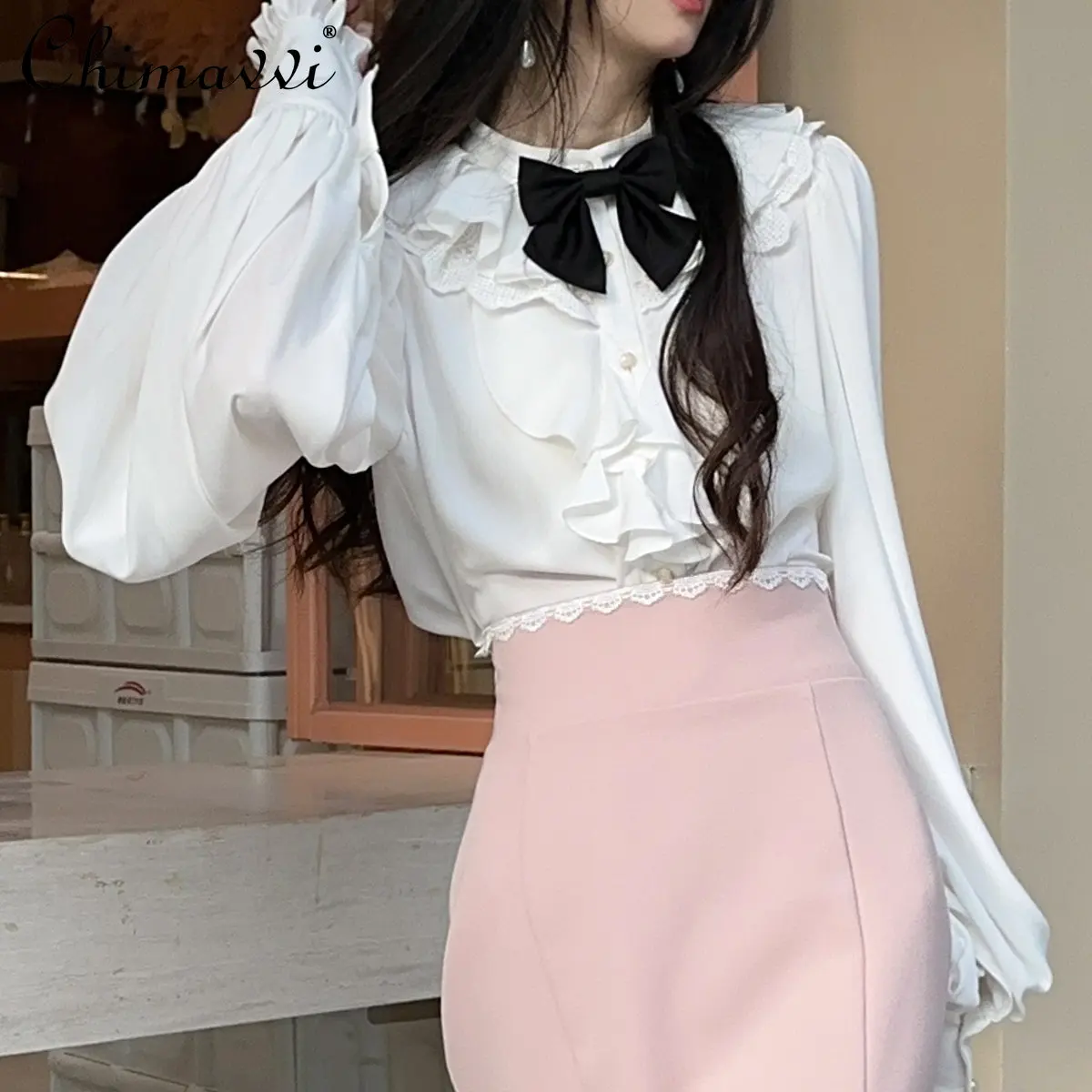 

Original French Lantern Sleeve White Shirt 2023 Spring Autumn New Sweet Loose Girly Style Blouse Women Elegant Camisas De Mujer