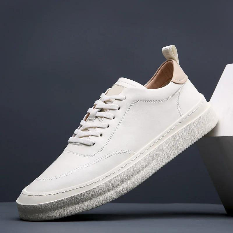 

Classic Men White Sneakers Soft Flat Shoes Lace-up Casual Shoes Genuine Leather Men White Shoes Vulcanized Shoes Tenis Masculino