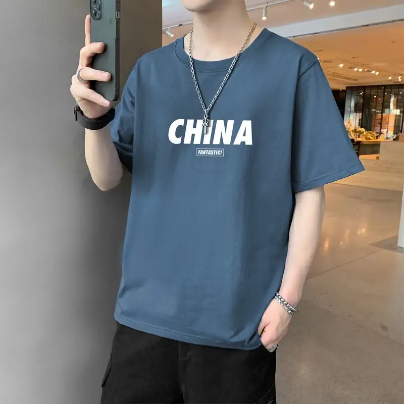 

2023 Summer Fashion Trend Inner Pairing INS Round Neck Top Men's Loose Short Sleeve T-shirt Youth Versatile Bottom Shirt