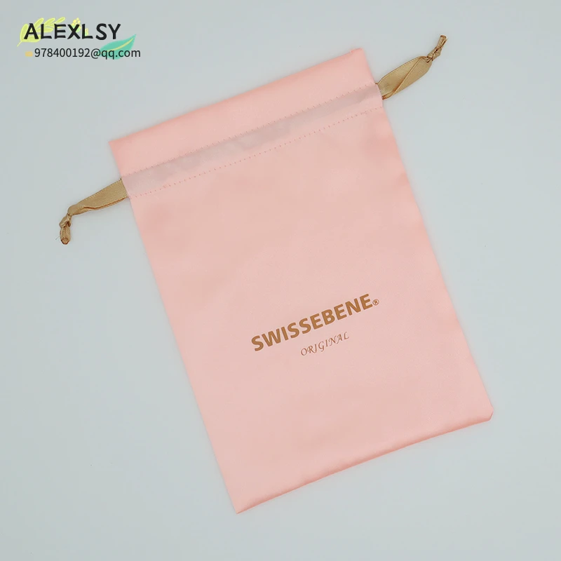 50P Pink Satin Jewelry Bag Packaging Gift Cosmetic Makeup Silk Drawstring Pouch Hair Shoe Dustproof Storage Sachet Print Logo