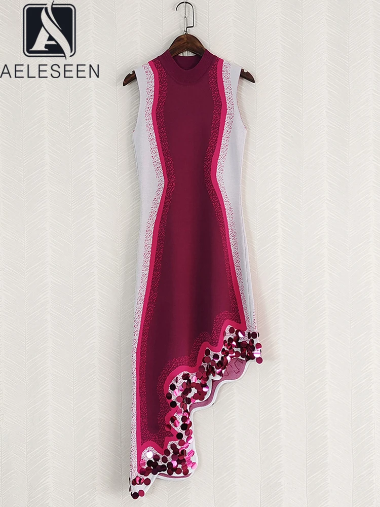 

AELESEEN Sexy Sheath Dress For Women Sleeveless Design Fashion Summer Contrast Color Irregular Luxury Sequined Slimming Holiday