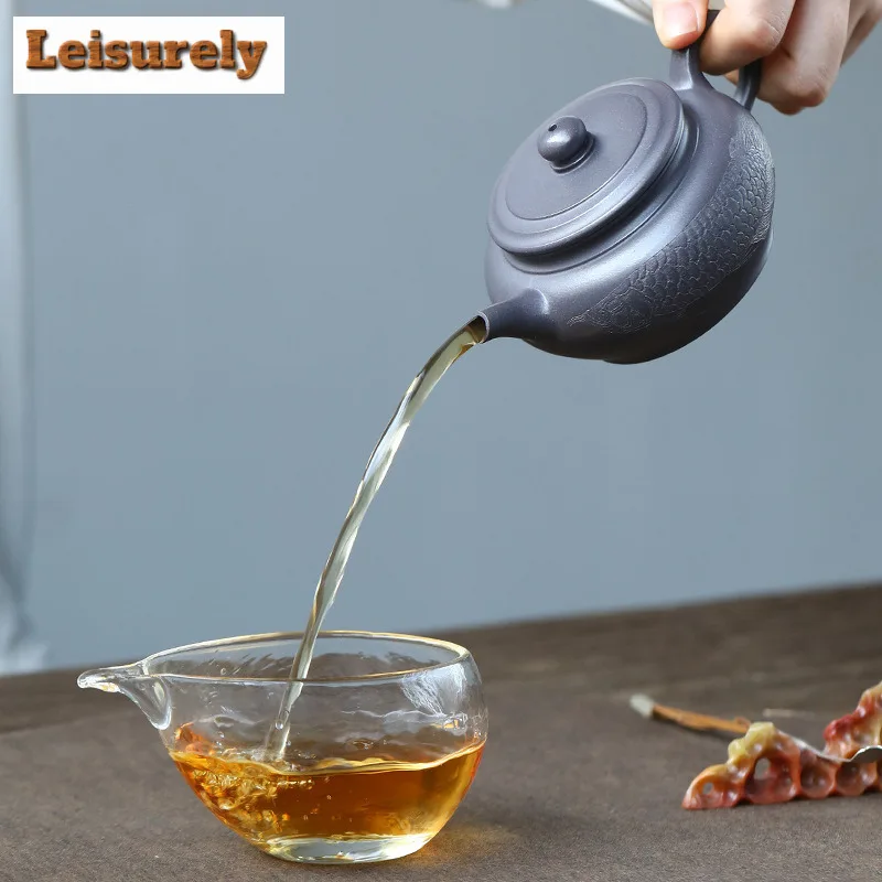 200ml Creative Yixing Purple Clay Teapots Hand-carved Fish Pot Raw Ore Azure Mud Tea Brewing Kettle With Infuser Zisha Tea Set