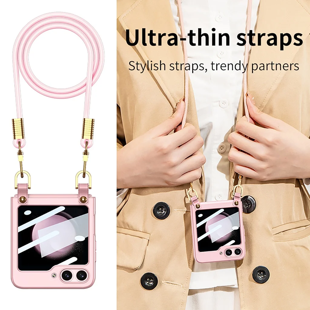 Electroplating Wrist Strap Phone Case for Samsung Galaxy Z Flip 5 Flip5 5G PC Plastic Fall Prevention Cover With Film