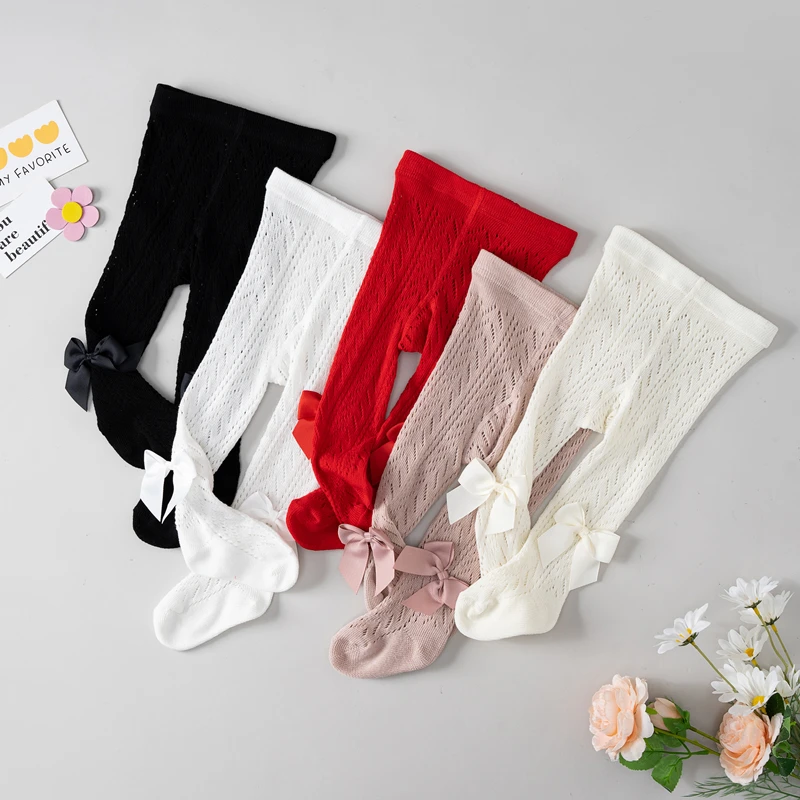 Kids Leggings Summer Baby Girls Soft Cotton Breathable Mesh Bow Tie Decor Pantyhose for 0-4 Years
