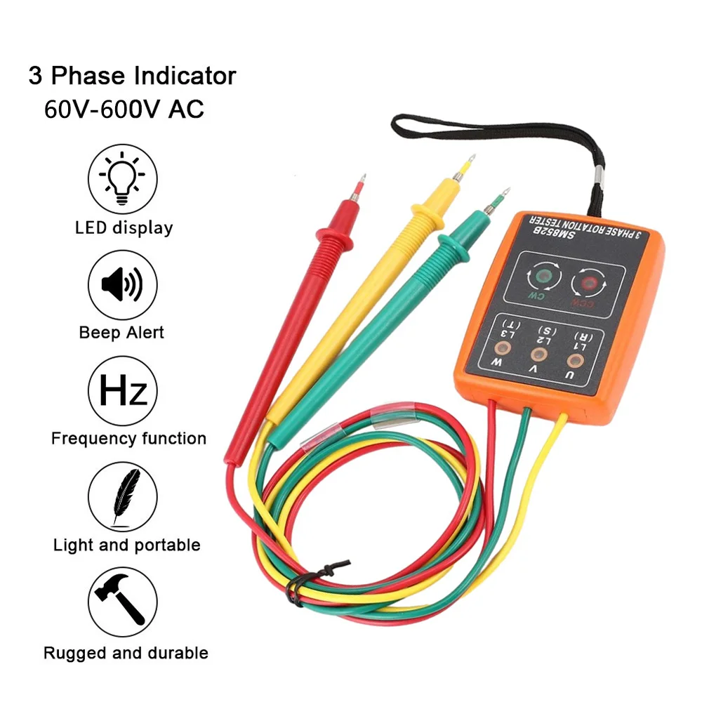 SM852B 3 Phase Rotation Tester Digital Phase Indicator Detector LED Buzzer Phase Sequence Meter 60V~600V AC Voltage Tester 2